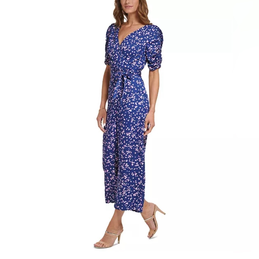 DKNY Women's Floral-Print Ruched-Sleeve Jumpsuit